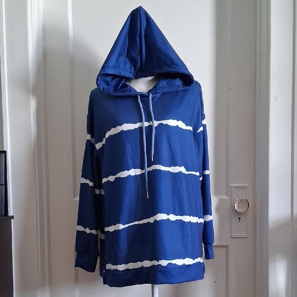 Blue and White Hooded Women's Top